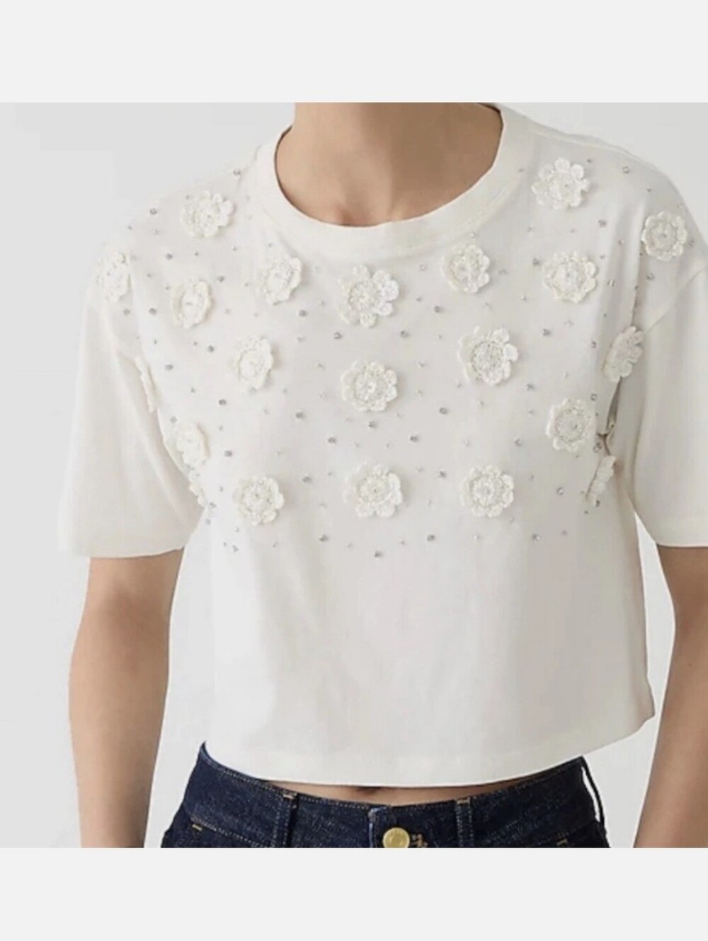 J. Crew Cropped T-shirt with Crochet Floral Appliqués Classic White Top Large